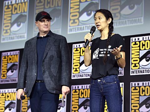 Chloe Zhao with Marvel president Kevin Feige at a Marvel conference 2020